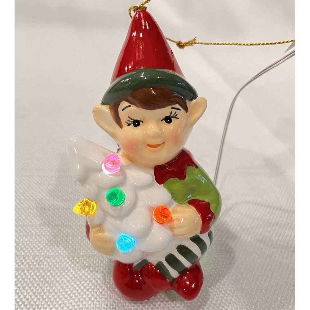 Hand-Painted Ceramic Elf w/ Christmas Tree Light-Upโ Ornament by Merry Moments